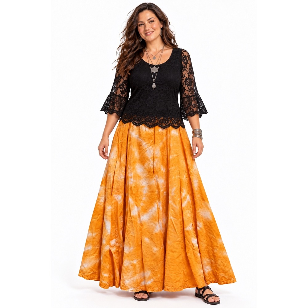Soft Surroundings Orange Tie Dye Maxi Skirt XL hippie Boho Flowy Fall nwt